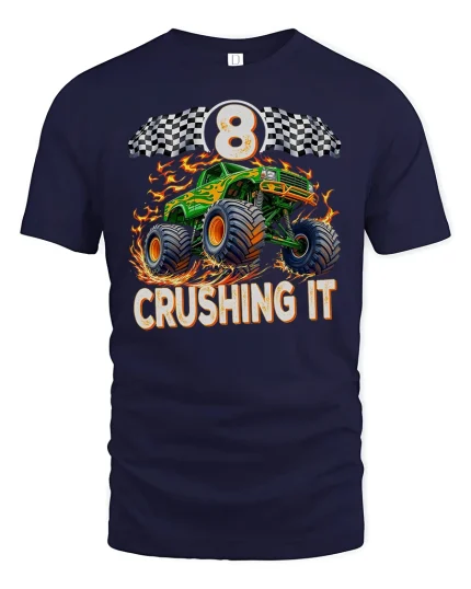 Monster Truck 8 Crushing It Racing Power T-Shirt - navy t-shirt on white background