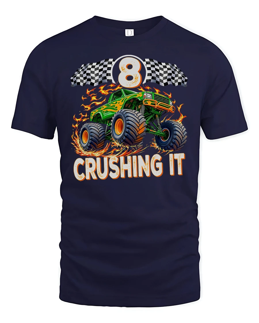 Monster Truck 8 Crushing It Racing Power T-Shirt - 1 Monster Truck 8 Crushing It Racing Power T-Shirt - navy t-shirt on white background