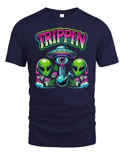 Trippin Alien UFO Funny Psychedelic Party T-Shirt - navy t-shirt on white background