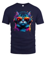 DJ Cat Neon Headphones Cool Music Vibes T-Shirt - navy t-shirt on white background