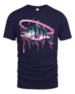 Neon Fish Splash Hooked Vibes Retro Fishing T-Shirt - navy t-shirt on white background