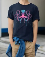 Neon Octopus Drip Art Deep Sea Vibes Graphic T-Shirt - model wearing navy tee with hands in pockets