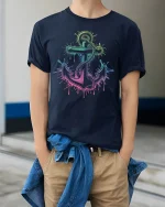 Neon Anchor Splash Art Nautical Ocean Vibes T-Shirt - model wearing navy tee with hands in pockets