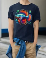 Vibrant Rainbow Betta Fish Splash Art Graphic T-Shirt - model wearing navy tee with hands in pockets