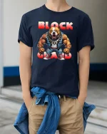 Block Guard Bulldog Power Muscle Street Style T-Shirt - model wearing navy tee with hands in pockets