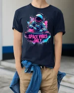 Space Vibes Only Astronaut DJ Cosmic Music T-Shirt - model wearing navy tee with hands in pockets
