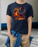 Fire Cat Inferno Spirit Power Fantasy T-Shirt - model wearing navy tee with hands in pockets
