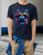 DJ Cat Neon Headphones Cool Music Vibes T-Shirt - model wearing navy tee with hands in pockets