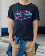 Retro Muscle Car Neon Splash Street Style T-Shirt - model wearing navy tee with hands in pockets