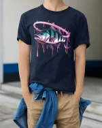 Neon Fish Splash Hooked Vibes Retro Fishing T-Shirt - model wearing navy tee with hands in pockets