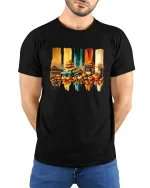 Vintage Pumpkin Farm Autumn Truck Harvest T-Shirt - model wearing black tee with hands behind back