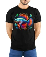 Vibrant Rainbow Betta Fish Splash Art Graphic T-Shirt - model wearing black tee with hands behind back