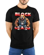 Block Guard Bulldog Power Muscle Street Style T-Shirt - model wearing black tee with hands behind back
