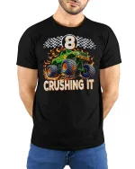 Monster Truck 8 Crushing It Racing Power T-Shirt - model wearing black tee with hands behind back