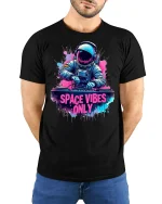 Space Vibes Only Astronaut DJ Cosmic Music T-Shirt - model wearing black tee with hands behind back