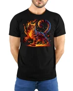 Fire Cat Inferno Spirit Power Fantasy T-Shirt - model wearing black tee with hands behind back