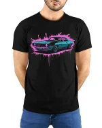 Retro Muscle Car Neon Splash Street Style T-Shirt - model wearing black tee with hands behind back
