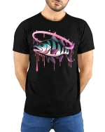 Neon Fish Splash Hooked Vibes Retro Fishing T-Shirt - model wearing black tee with hands behind back
