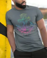 Neon Anchor Splash Art Nautical Ocean Vibes T-Shirt - model wearing grey tee, leaning on column