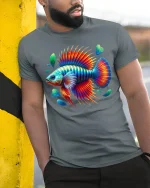 Vibrant Rainbow Betta Fish Splash Art Graphic T-Shirt - model wearing grey tee, leaning on column