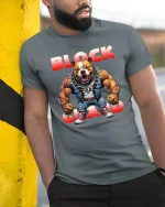 Block Guard Bulldog Power Muscle Street Style T-Shirt - model wearing grey tee, leaning on column
