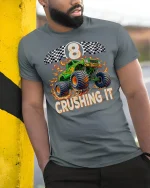 Monster Truck 8 Crushing It Racing Power T-Shirt - model wearing grey tee, leaning on column