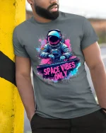 Space Vibes Only Astronaut DJ Cosmic Music T-Shirt - model wearing grey tee, leaning on column