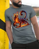 Fire Cat Inferno Spirit Power Fantasy T-Shirt - model wearing grey tee, leaning on column