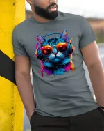 DJ Cat Neon Headphones Cool Music Vibes T-Shirt - model wearing grey tee, leaning on column