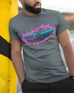 Retro Muscle Car Neon Splash Street Style T-Shirt - model wearing grey tee, leaning on column