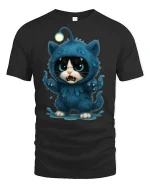 Cute Angry Monster Cat Graphic Tee with Blue Furry Creature Art - black t-shirt on white background