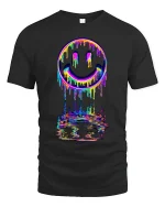 Neon Drip Smiley Tee - Vibrant Melted Rainbow Streetwear - black t-shirt on white background