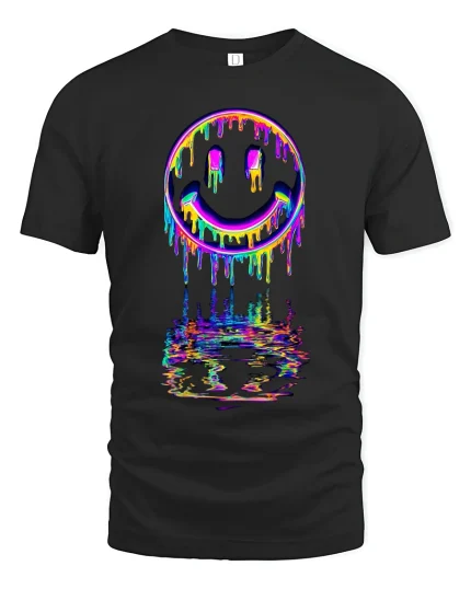 Neon Drip Smiley Tee - Vibrant Melted Rainbow Streetwear - black t-shirt on white background