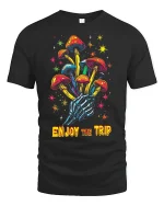 Psychedelic Mushroom Skeleton Hand Tee for Trippy Style Lovers - black t-shirt on white background