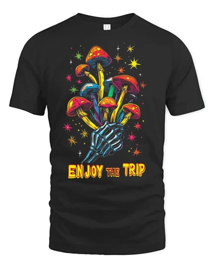Psychedelic Mushroom Skeleton Hand Tee for Trippy Style Lovers - black t-shirt on white background