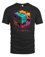 Melting Neon Cube Tee - Dripping Retro Puzzle Art T-Shirt - black t-shirt on white background