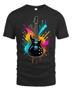 Vibrant Electric Guitar Splash Art Tee for Music Lovers - black t-shirt on white background