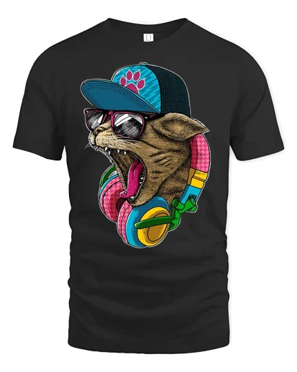 Cool DJ Cat Headphones Tee for Music Lovers Funny T-Shirt - black t-shirt on white background