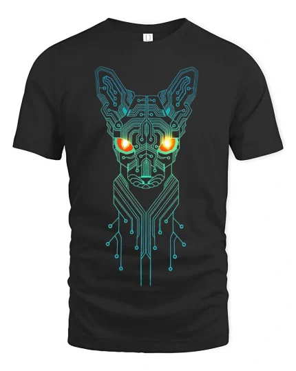 Cyber Circuit Cat Glow Tee for Sci-Fi Fans and Tech Lovers - black t-shirt on white background
