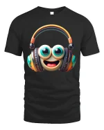 Cute Smiley Headphone Graphic Tee with Big Eyes and Fun Music Vibes - black t-shirt on white background