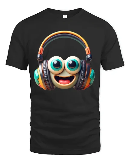 Cute Smiley Headphone Graphic Tee with Big Eyes and Fun Music Vibes - black t-shirt on white background