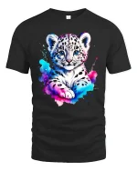 Cute Snow Leopard Cub Art Tee with Color Splash Design - black t-shirt on white background