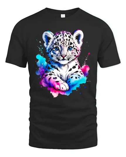 Cute Snow Leopard Cub Art Tee with Color Splash Design - black t-shirt on white background