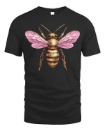 Pink Winged Golden Bee Art Tee for Nature Lovers - black t-shirt on white background