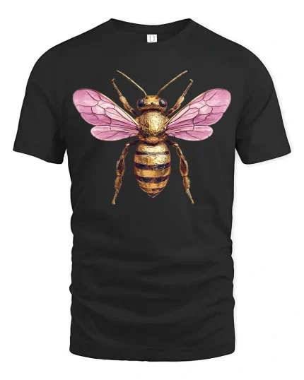 Pink Winged Golden Bee Art Tee for Nature Lovers - black t-shirt on white background