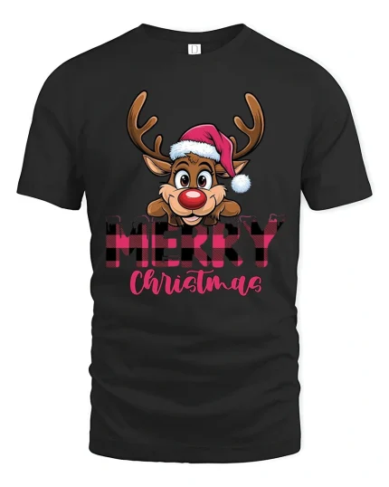 Merry Christmas Reindeer Tee with Cute Festive Holiday Style - black t-shirt on white background