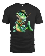 Cute Fisher Fish Cartoon Tee with Vest, Hat and Funny Adventure Style - black t-shirt on white background