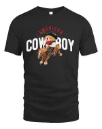 Cute American Cowboy Bear Tee Riding Horse in Fun Western Style - black t-shirt on white background
