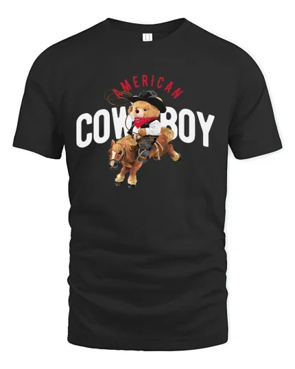 Cute American Cowboy Bear Tee Riding Horse in Fun Western Style - black t-shirt on white background