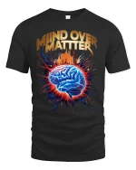 Mind Over Matter Motivation Tee with Exploding Brain Graphic Art - black t-shirt on white background